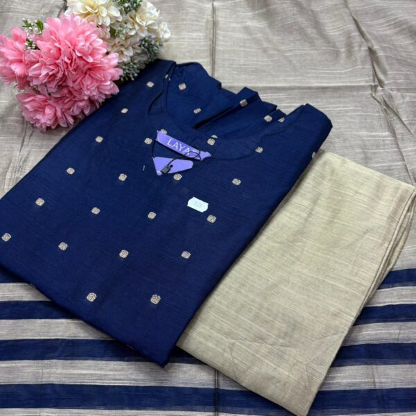 Navy Blue - Raw Silk Kurtis -Top Pant and Dupatta