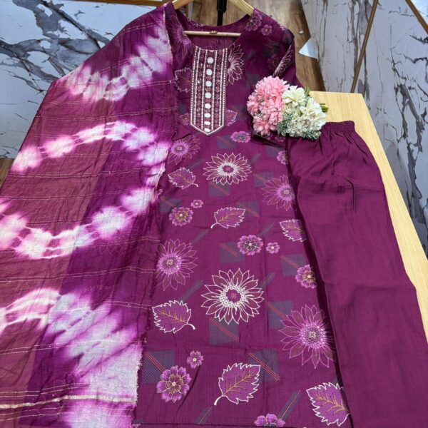555 - Wine - 3pcs set ( Top with pant and dupatta )