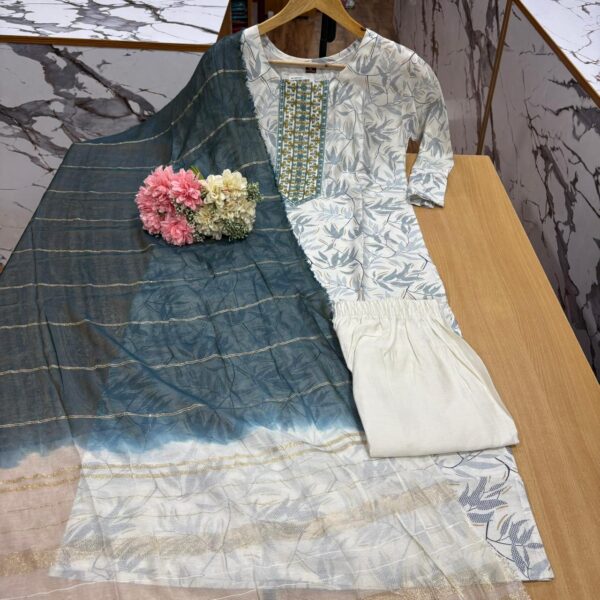 555 - White with Grey - 3pcs set ( Top with pant and dupatta )