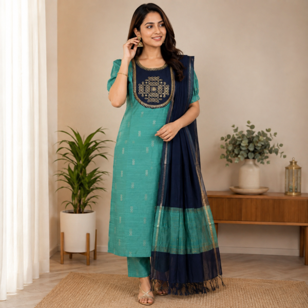 Premium Raw Silk Kurti With Pant And Dupatta - R.Green