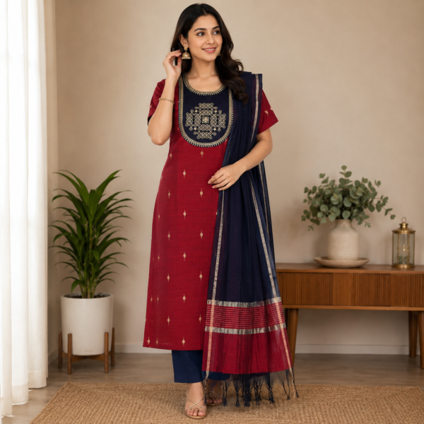 Premium Raw Silk Kurti With Pant And Dupatta - M.Navy