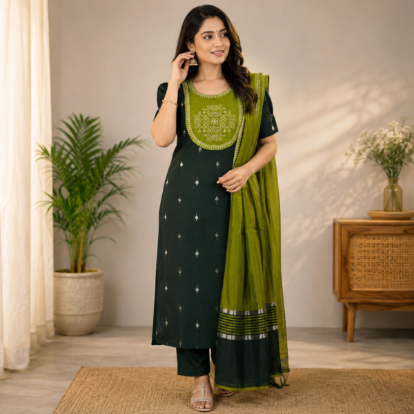 Premium Raw Silk Kurti With Pant And Dupatta - Green
